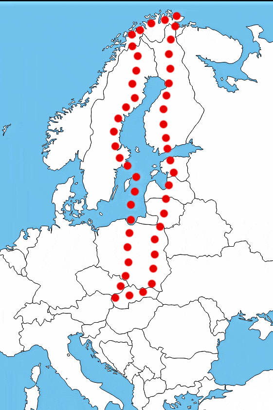 Mapa expedície Na babette po svete - trasa vedie cez Poľsko, Pobaltie, Fínsko, Nórsko, Švédsko a znovu Poľsko